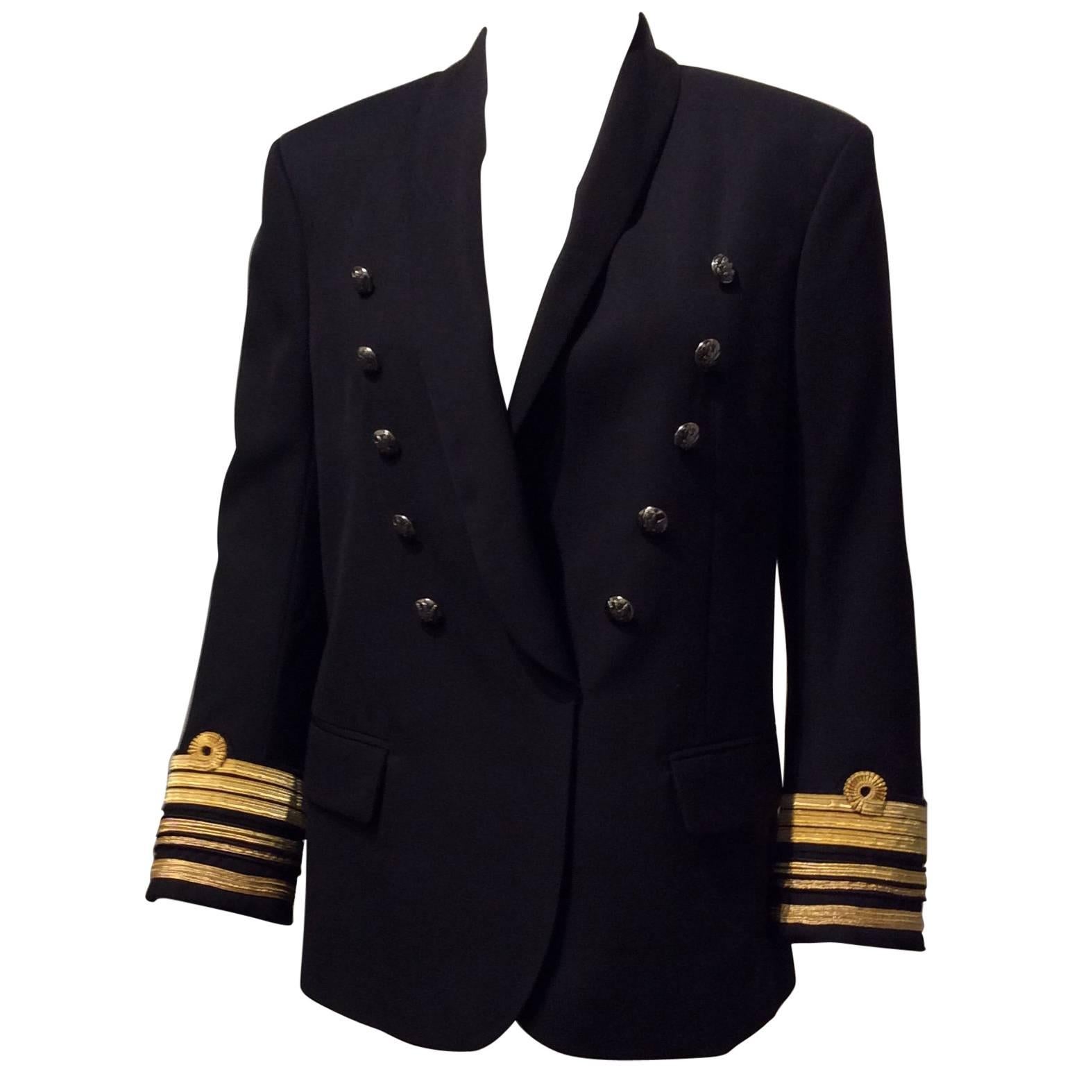 Balmain Black Double-breasted Uniform Inspired Jacket With Gold Trim Sz 38 (Us6) For Sale
