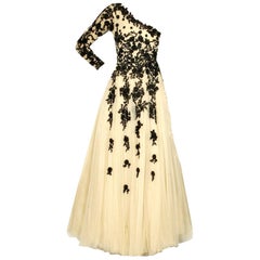 Hema Kaul Couture Asymmetric Embroidered Nude Fairytale Tulle Evening Gown