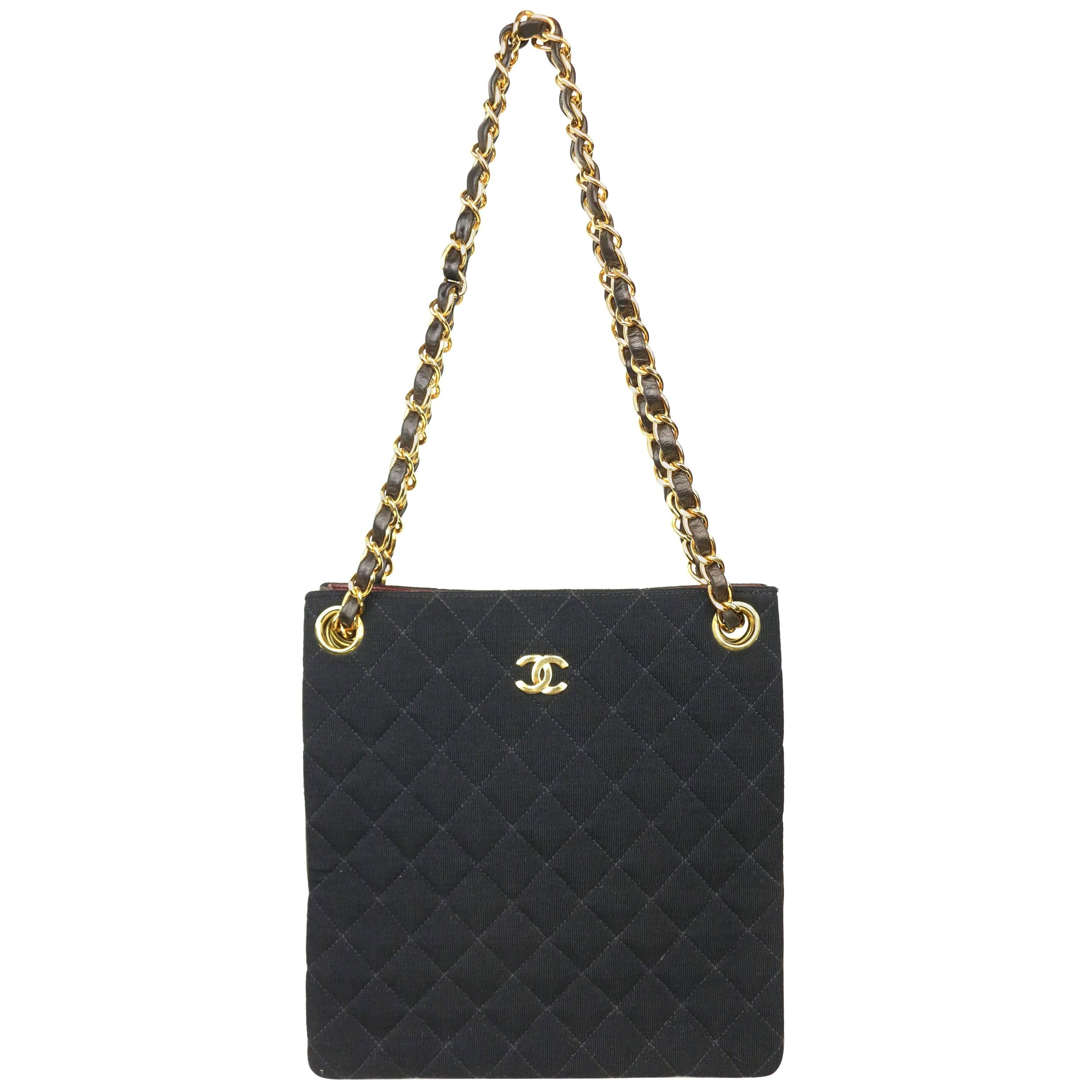 Chanel Black Quilted Cotton and Leather Gold Chain Shoulder Bag 