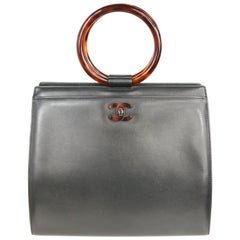 Vintage Chanel Black Leather Tortoiseshell Handle Handbag