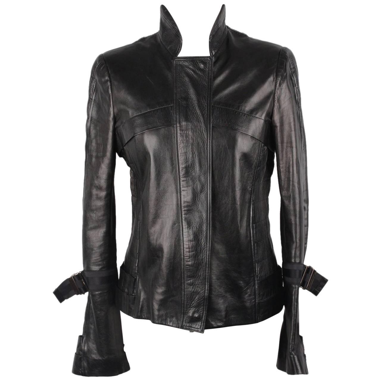 GUCCI Black Leather BIKER JACKET with Pintucked Panels