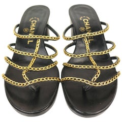 Vintage Chanel Black Leather Gold Chain Heeled Sandals  