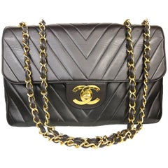 Chanel Black Lambskin Chevron Stitch Maxi Flap Shoulder Bag