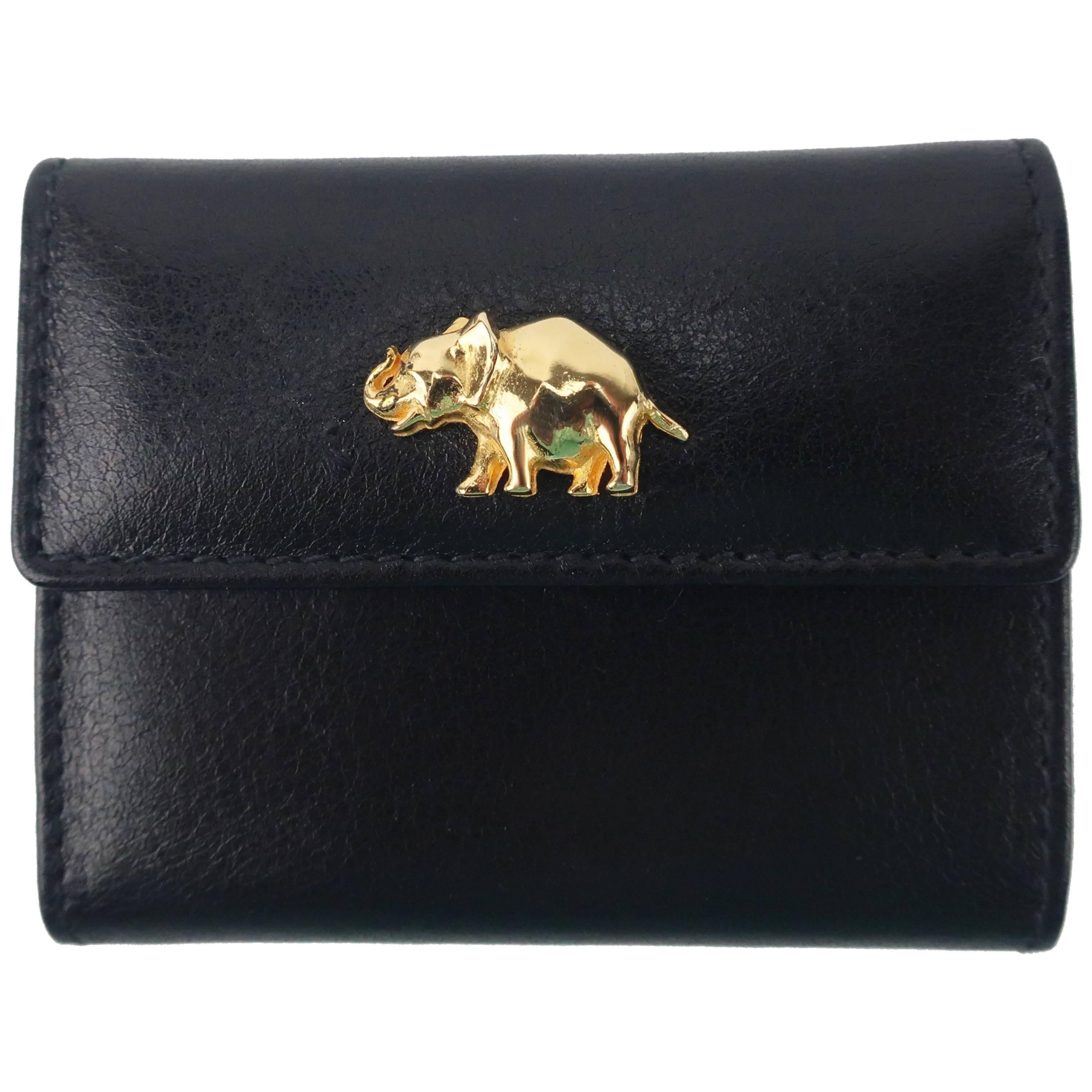 1980's Judith Leiber Black Leather Wallet With Elephant Charm
