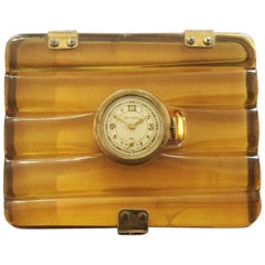 Art Deco Applejuice bakelite card case set with a skeleton watch