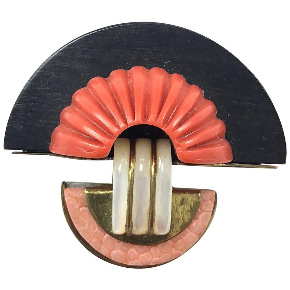 Fabrice Paris Art Deco influenced coral and back resin gold metal
