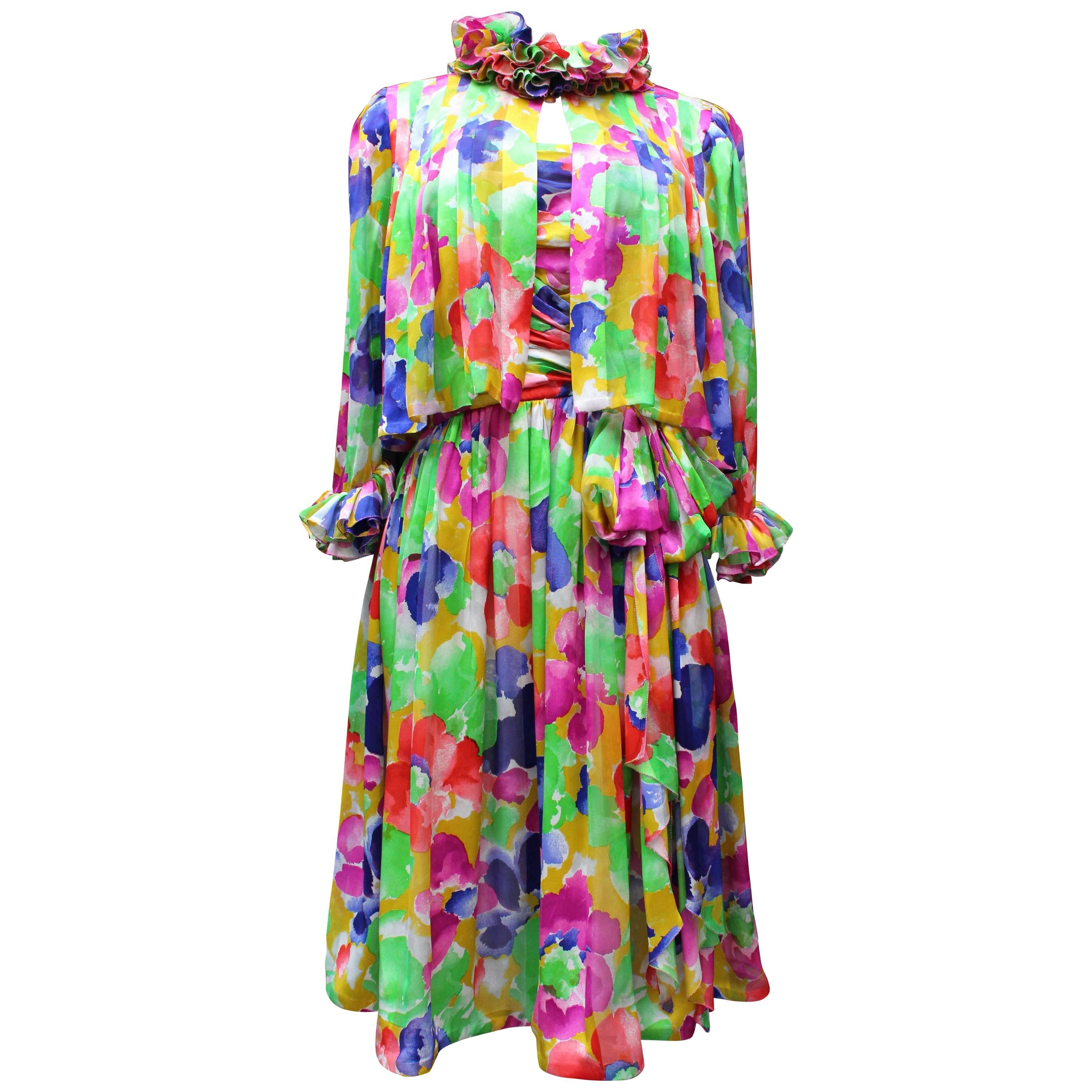 Jean Patou Haute Couture floral silk dress and jacket set For Sale
