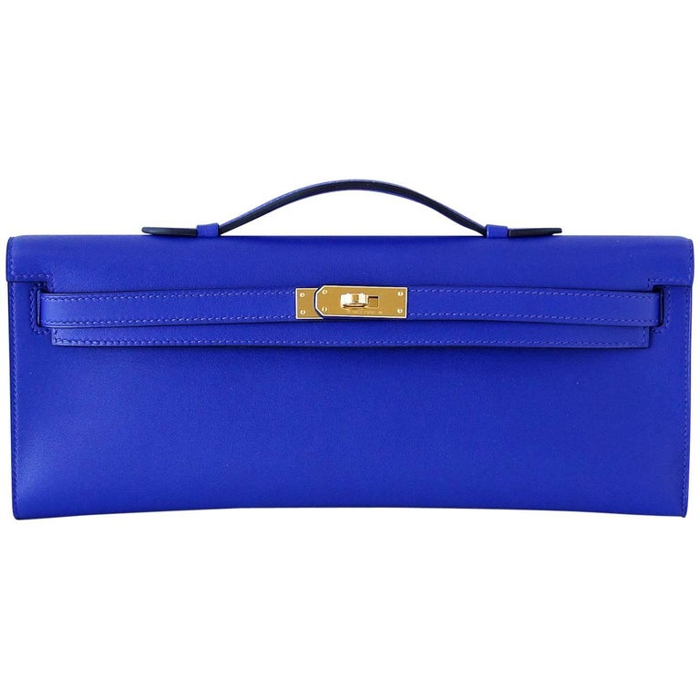 Hermes Kelly Cut Electric Blue Clutch Bag Swift Gold Hardware For Sale at 1stdibs