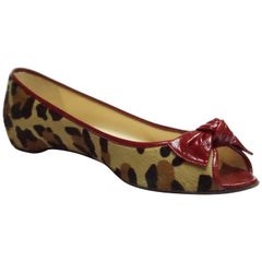 Christian Louboutin Leopard Print Pony Hair Peep Toe w/ Bow Detail Flats - 39 