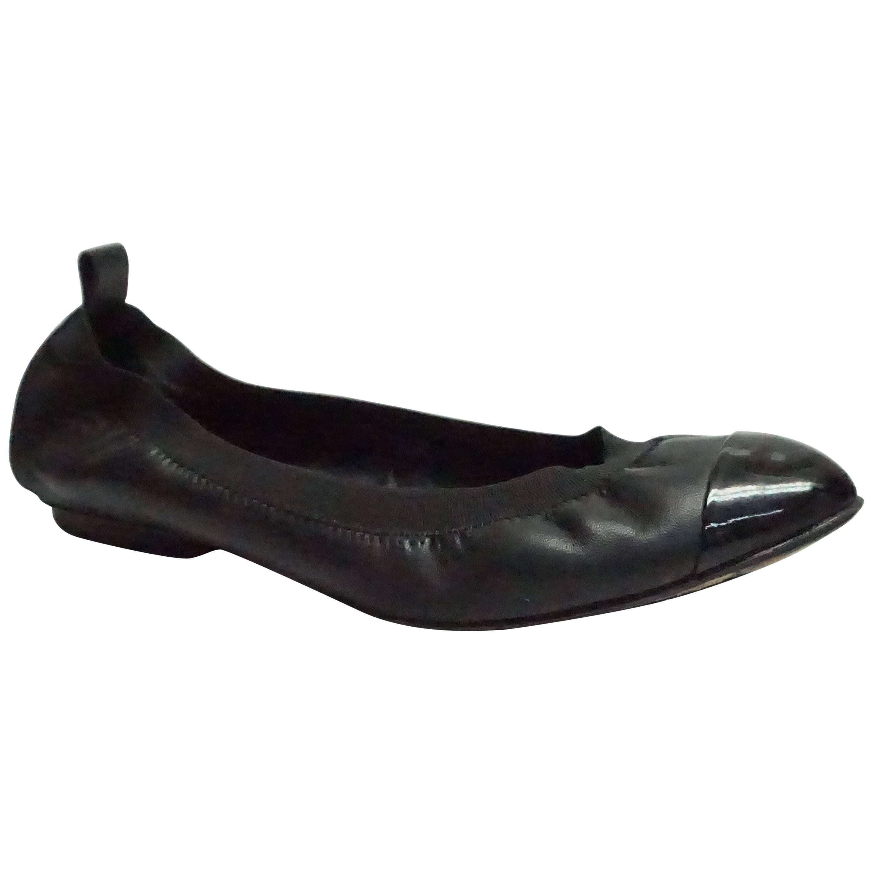 Chanel Black Leather/Rubber Elastic Cap-Toe Ballet Flats - 36.5