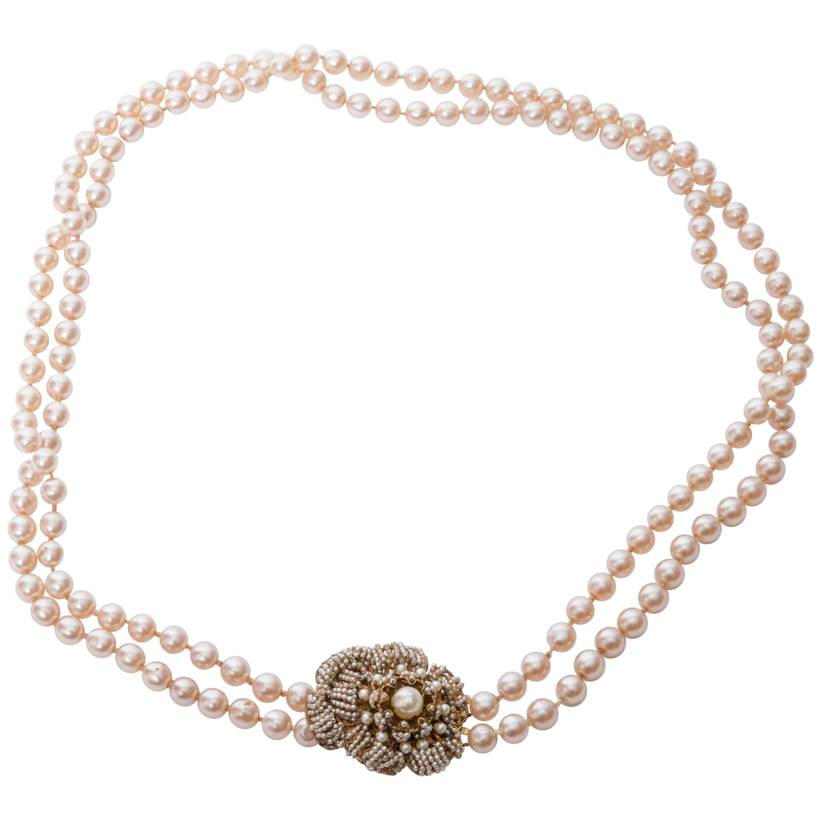 Miriam Haskell Vintage Pearl Rope Necklace with Seed Pearl Clasp 