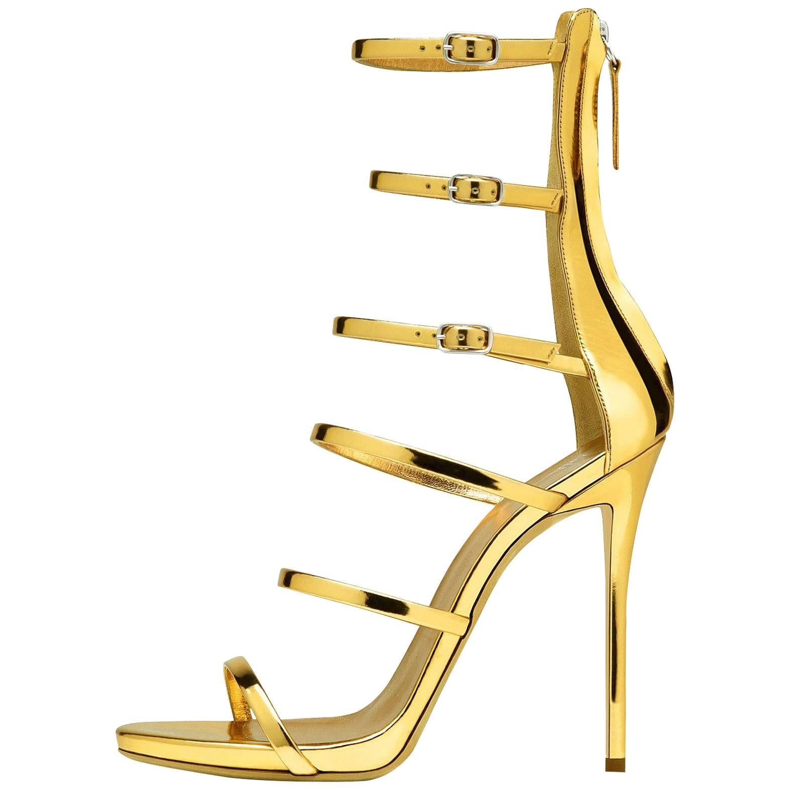 Giuseppe Zanotti NEW Gold Patent Evening Low Gladiator Sandals Heels in Box