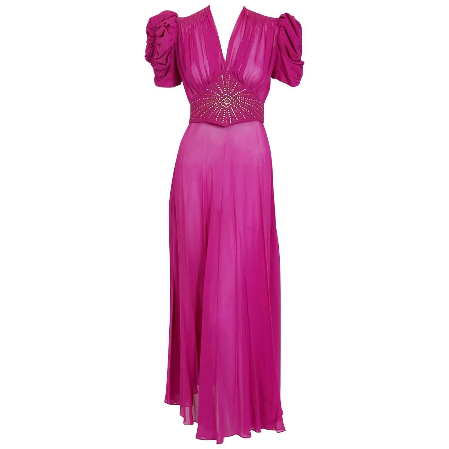 1930's Fuchsia Pink Rhinestone Studded Silk Chiffon Puff-Sleeve Belted Deco Gown