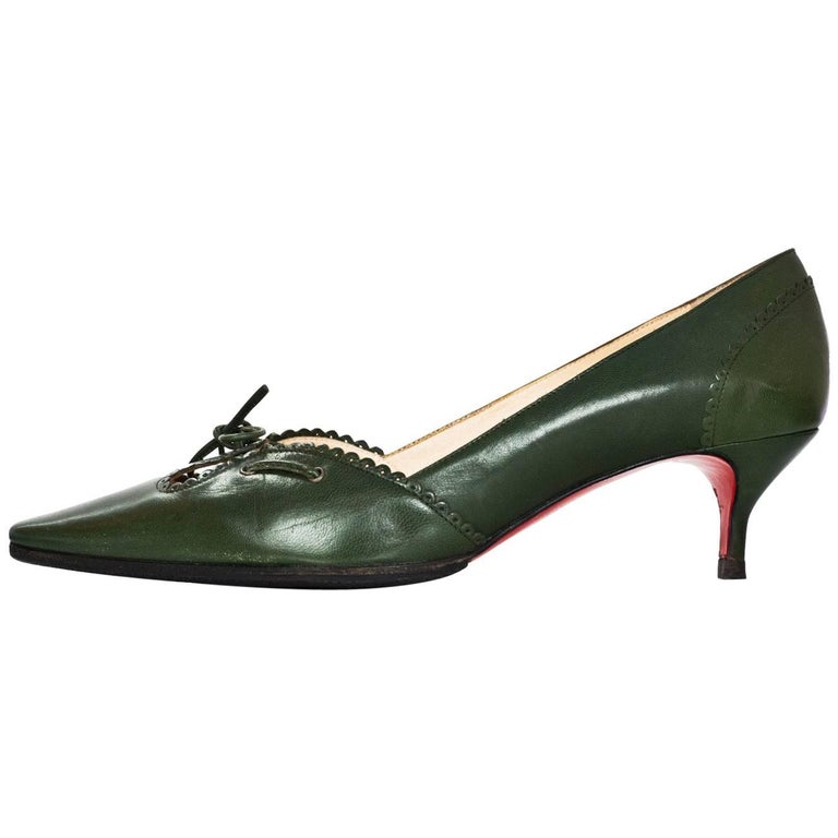 Christian Louboutin Green Leather Kitten Heels Sz 39.5 For Sale at