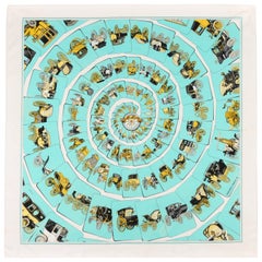 HERMES c.1976 Philippe Ledoux "Carrosserie" Seafoam Carriage Print Silk Scarf