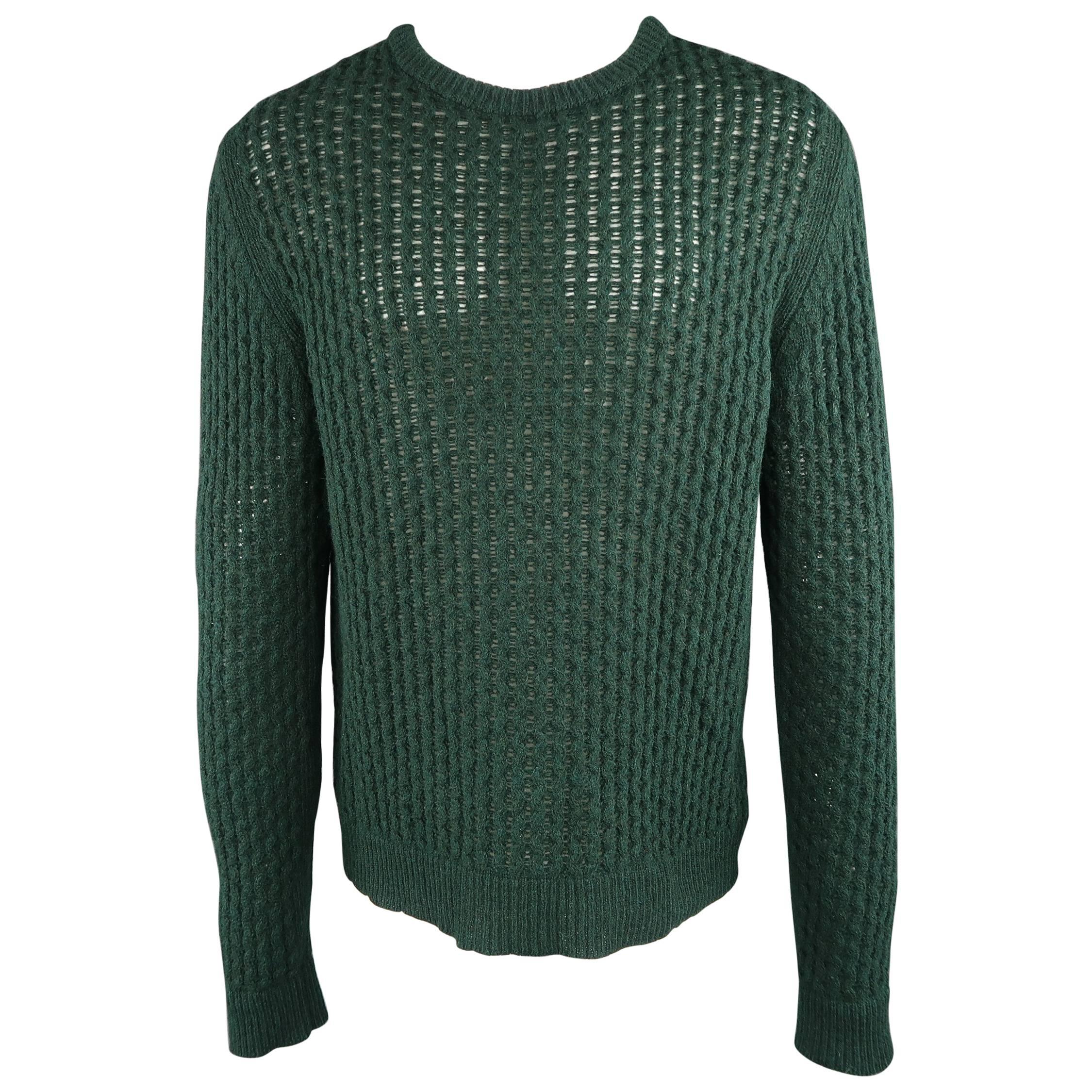 Men's RAF SIMONS Size M Forest Green Knitted Merino Wool Mesh Crewneck Sweater
