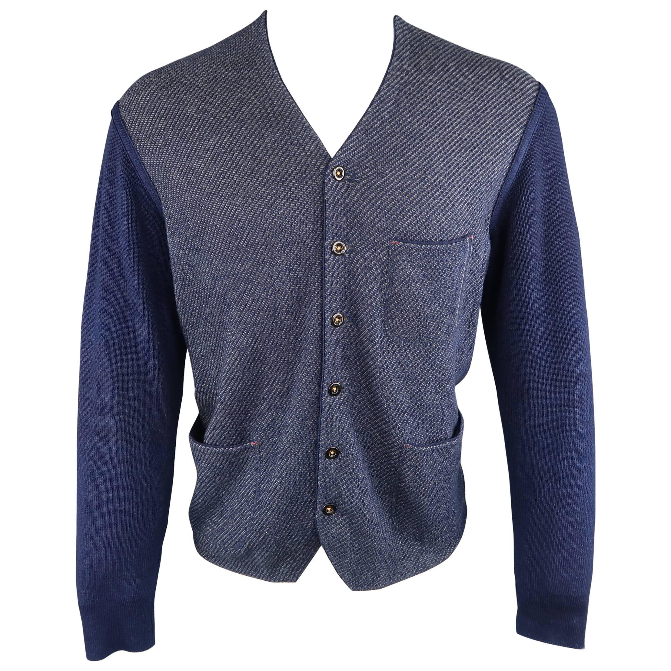 Men's 45rpm 42 Navy Color Block Cotton Knit Cardigan Jacket