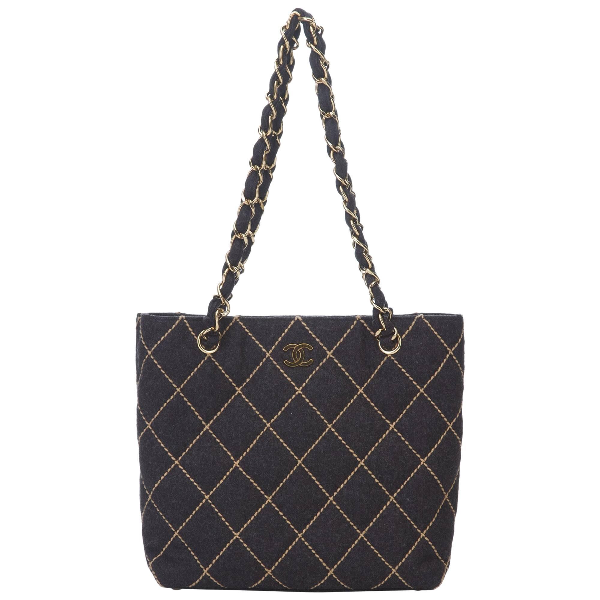 Chanel Charcoal Surpique Wool Shoulder Bag