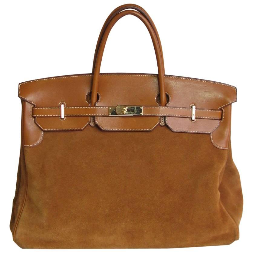 HERMES Birkin 40 Grizzly Bag in Doblis Calf and Fawn Barénia Leather