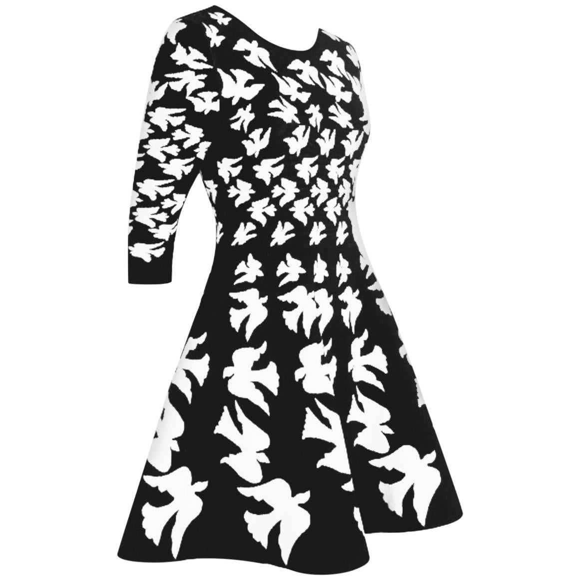 Alexander McQueen Black and White Silk and Poly Knit Swallow Dress