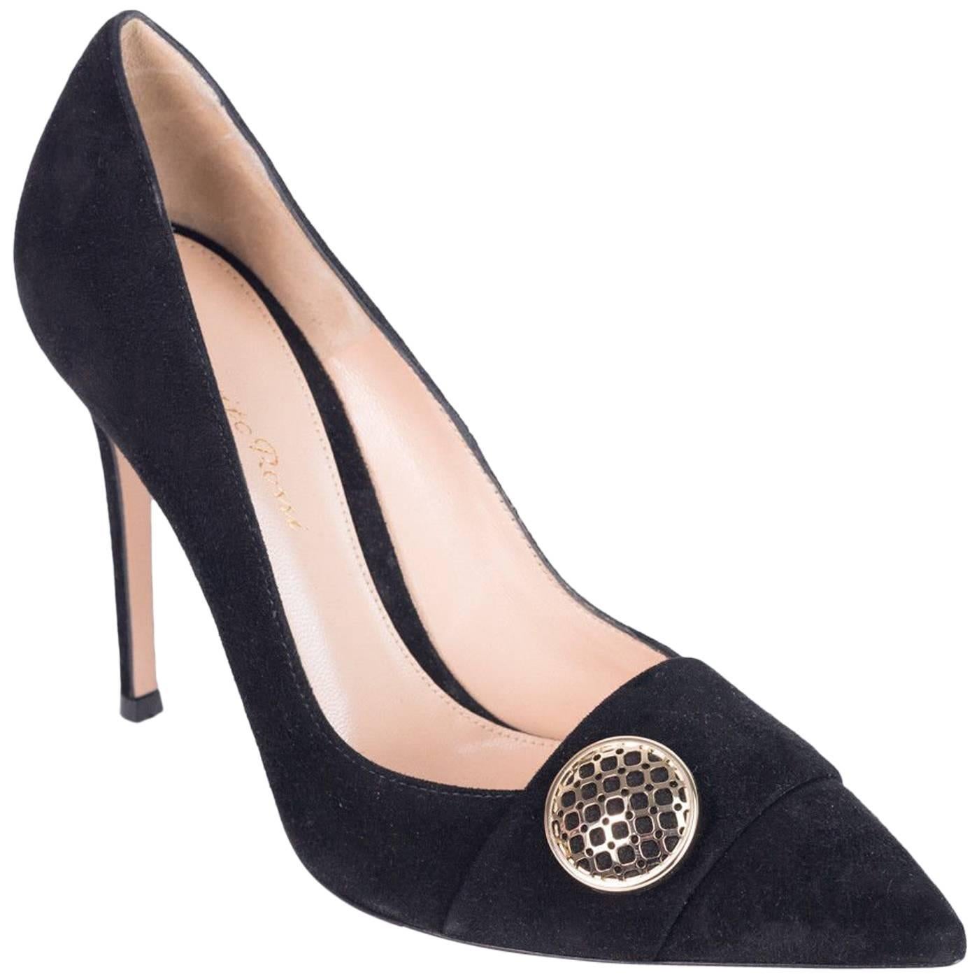 Gianvito Rossi Black Suede Embellished Button Pointed Toe Pumps For Sale