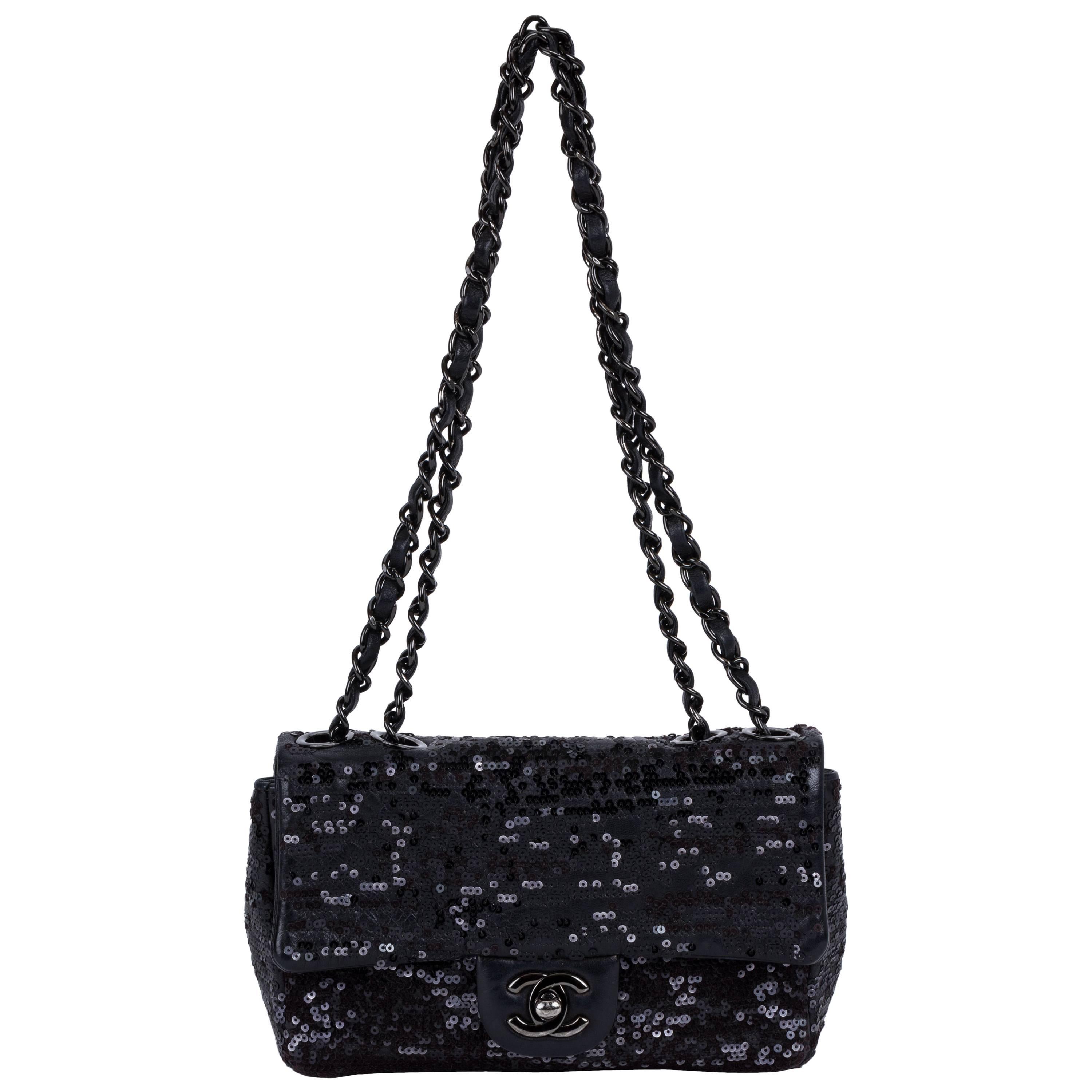 Chanel Black Leather Sequins Handbag