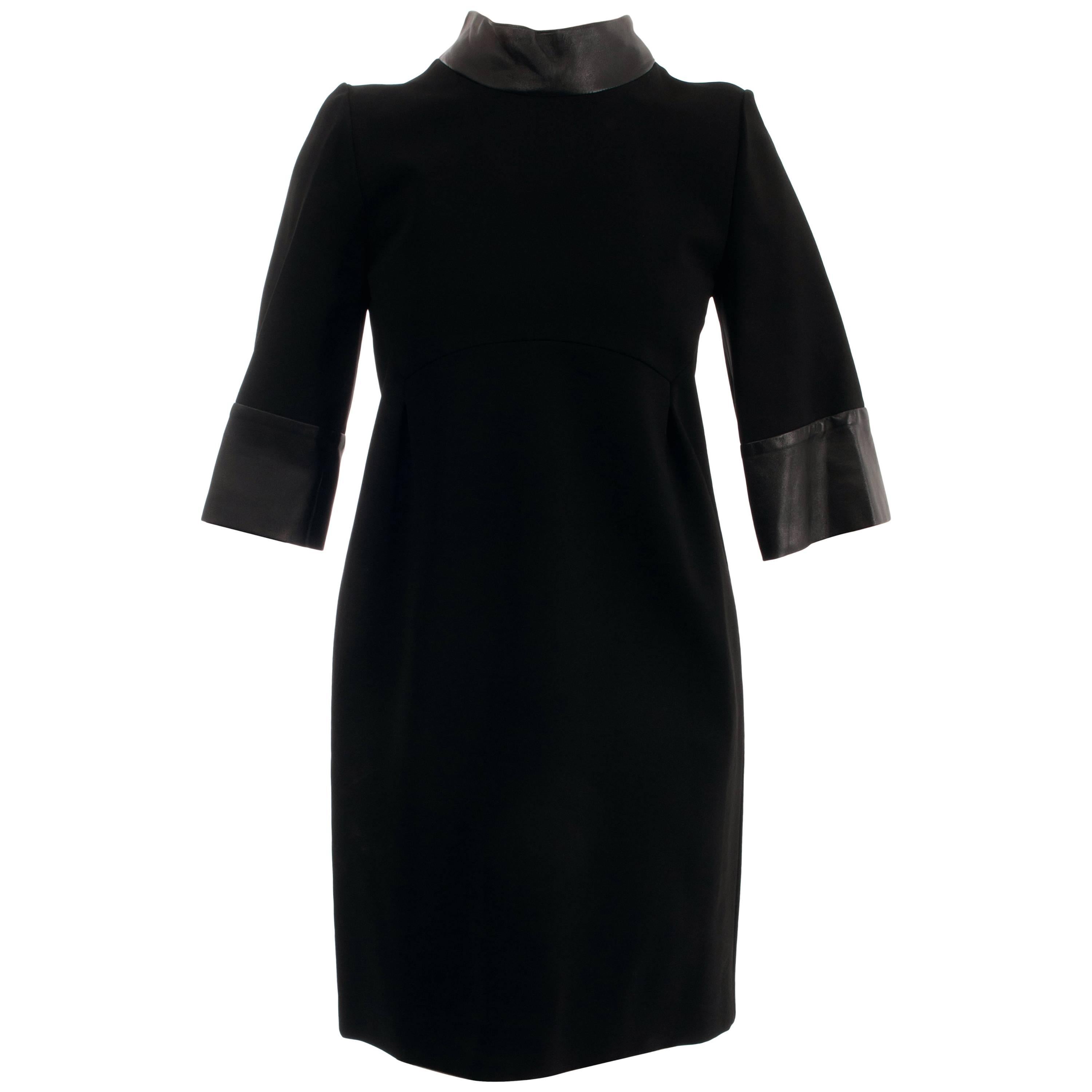 Gucci Black Stretch Crepe Dress with Leather Cuffs and Collar  For Sale