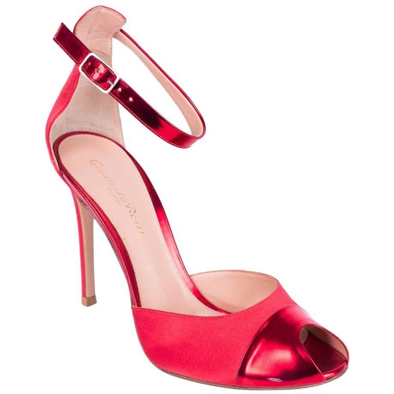 red ankle strap open toe heels