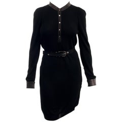 Gucci Black Knit Jersey Belted Dress with Leather Trim 