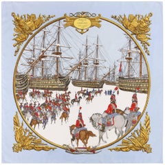 Foulard en soie bleu ciel imprimé militaire « Marine et Cavalerie » de Philippe Ledoux pour HERMÈS