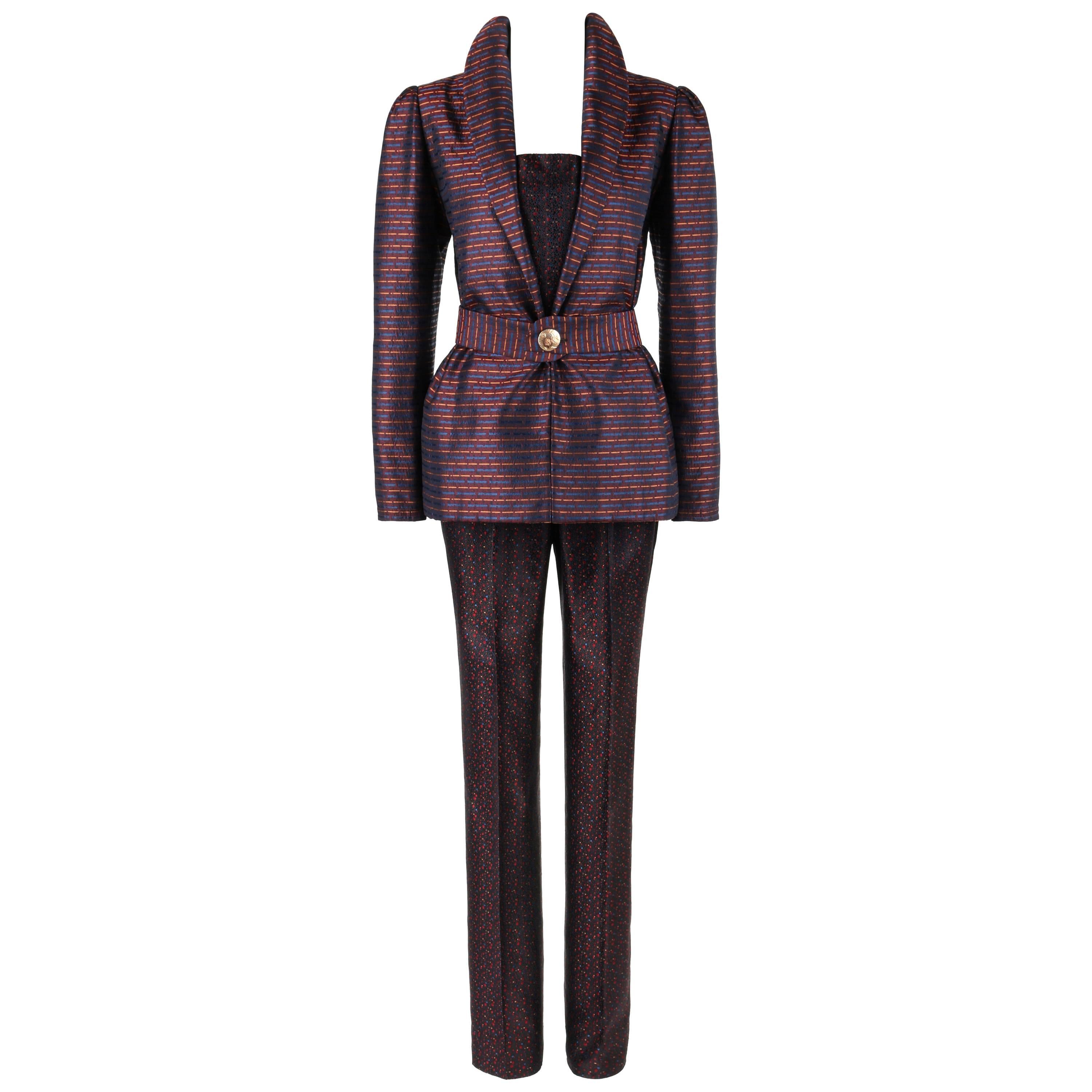 Couture IRENE GALITZINE c.1960's 3 Pc Silk Brocade Belted Blazer Jumpsuit Suit For Sale