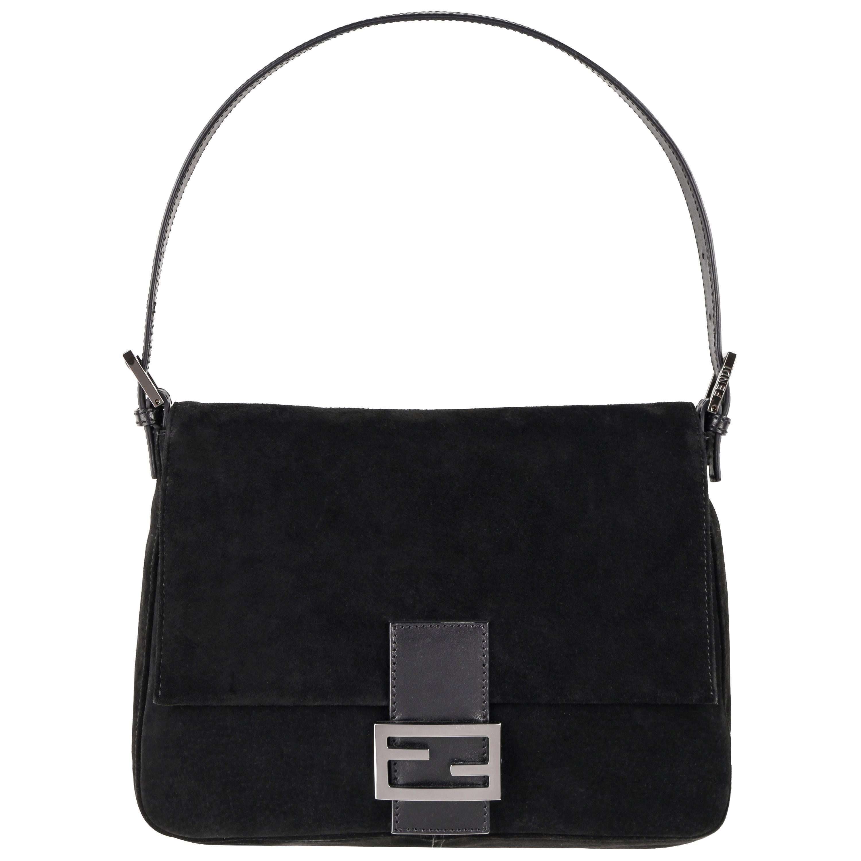 FENDI "Forever Mama" Black Suede Leather Flap Top Zucca Closure Handbag Purse