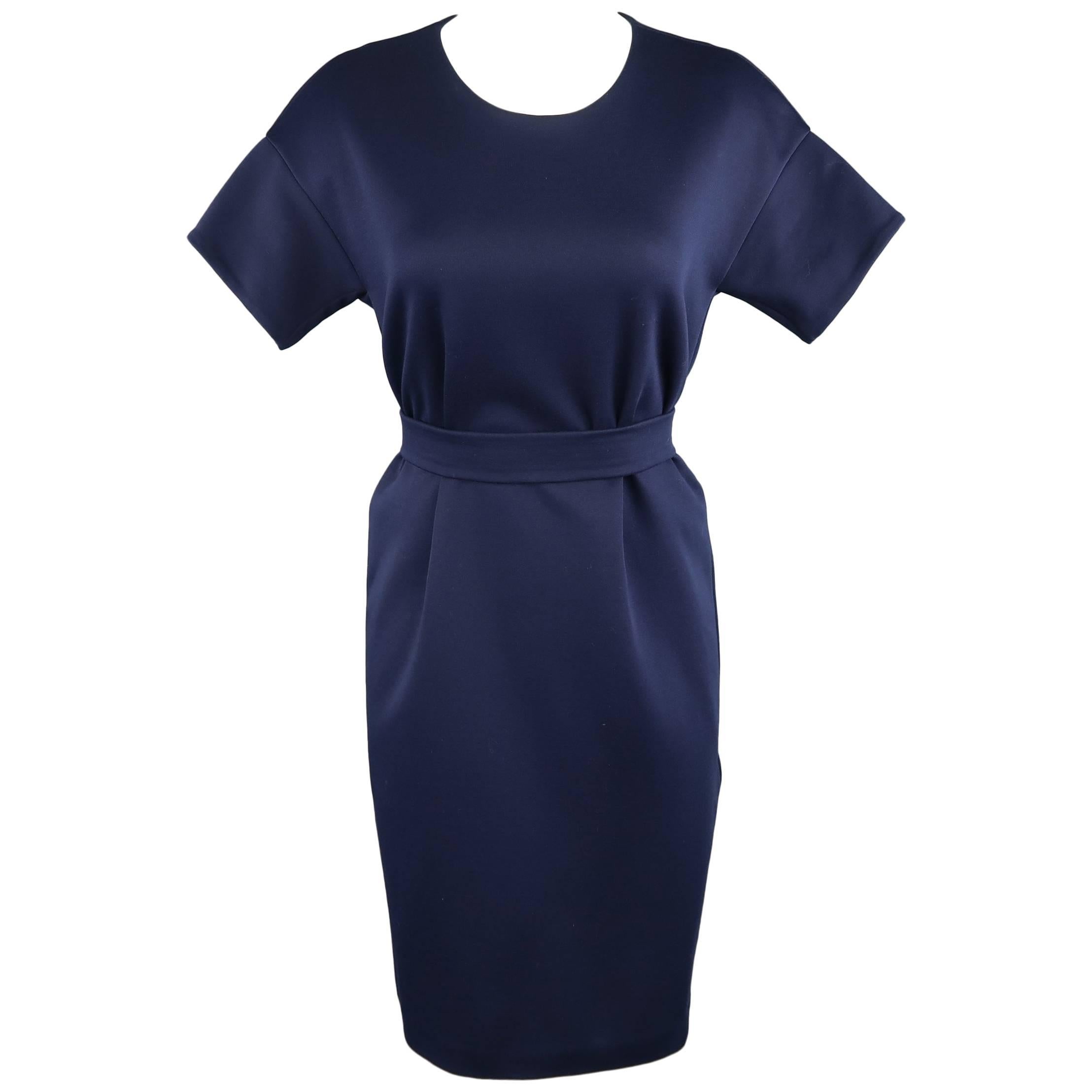 JIL SANDER Size M Navy Cotton / Polyester Jersey Short Sleeve Belted Shift Dress