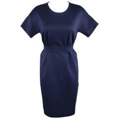 JIL SANDER Size M Navy Cotton / Polyester Jersey Short Sleeve Belted Shift Dress