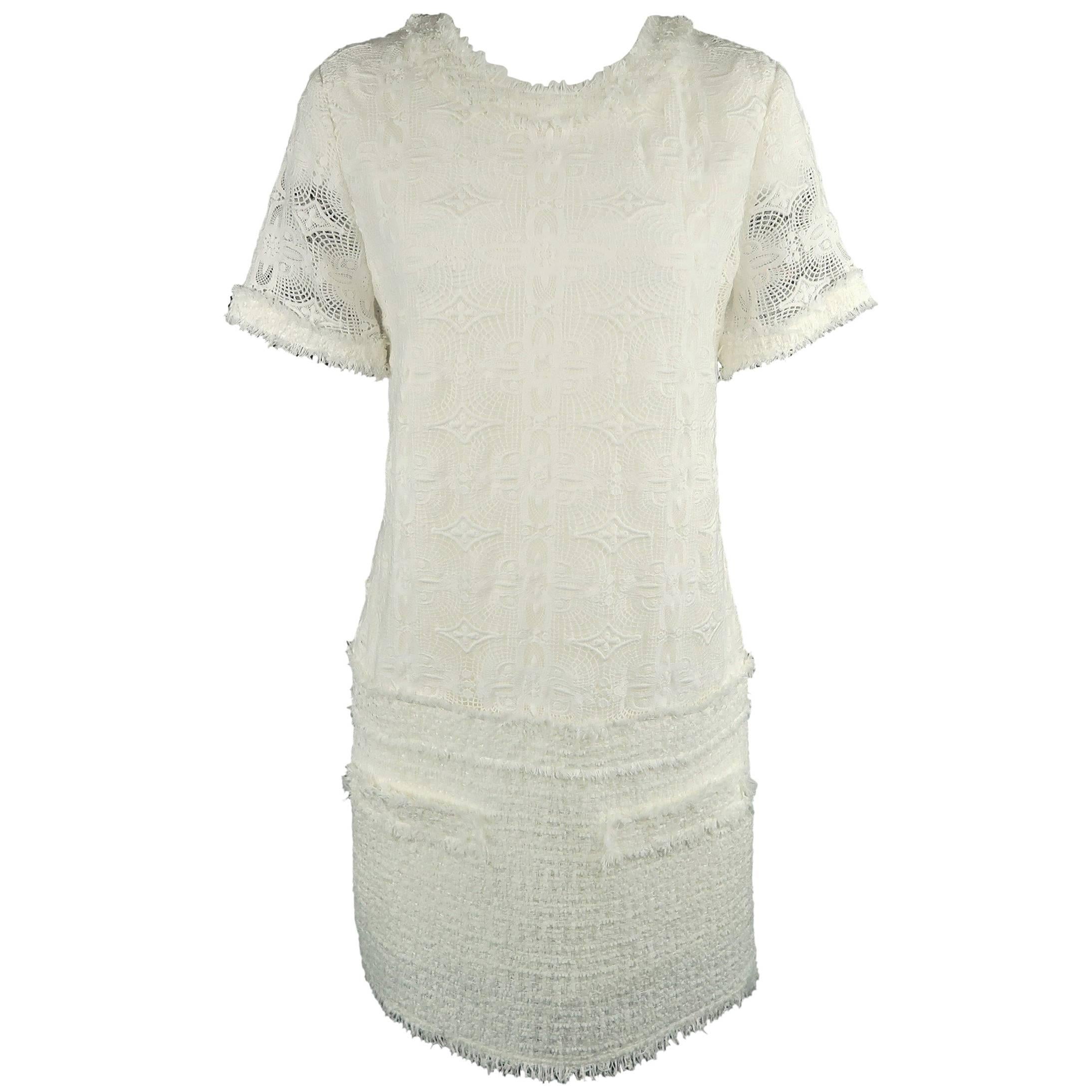 RACHEL ZOE Size 6 White Cotton Lace Drop Tweed Waist Dress