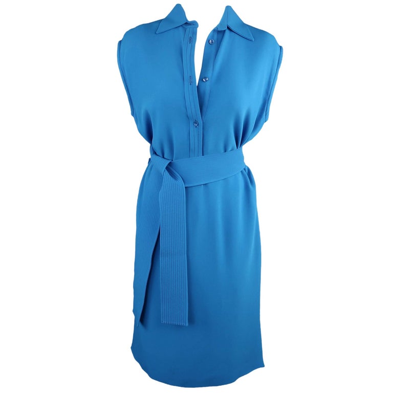 ETRO Dress Size 4 Aqua Blue SLeeveless Half Button Sash Belt Dress at