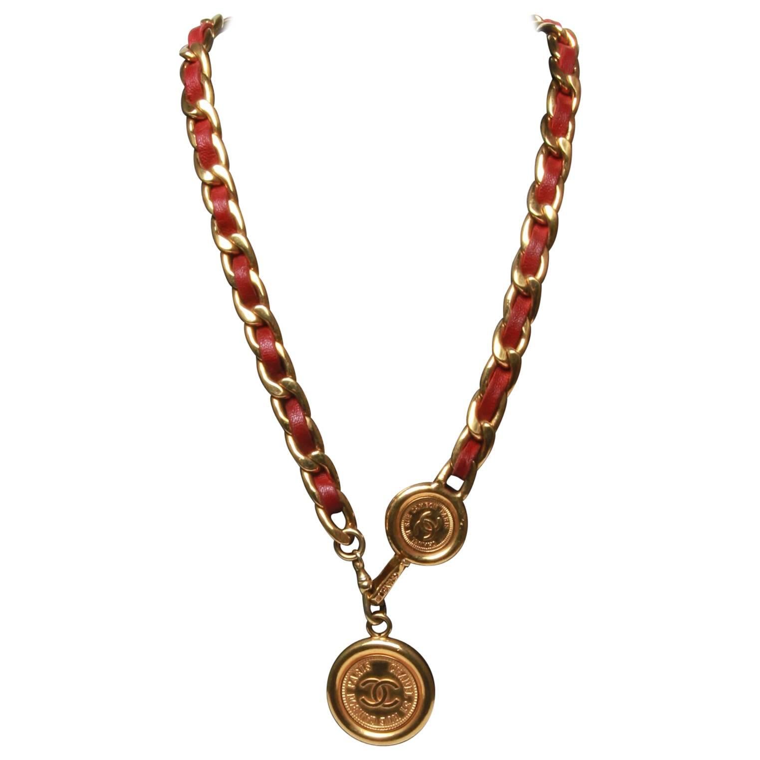 Chanel Vintage Threaded Chain and Coin Pendant Necklace