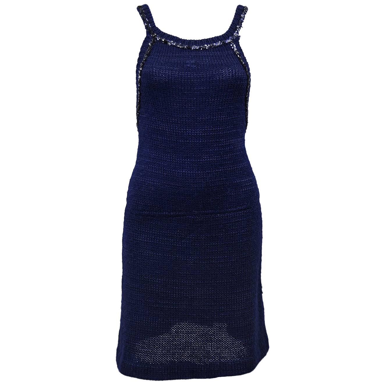 1970s Courreges Navy Blue Knit Halter Dress with Sequin Trim 