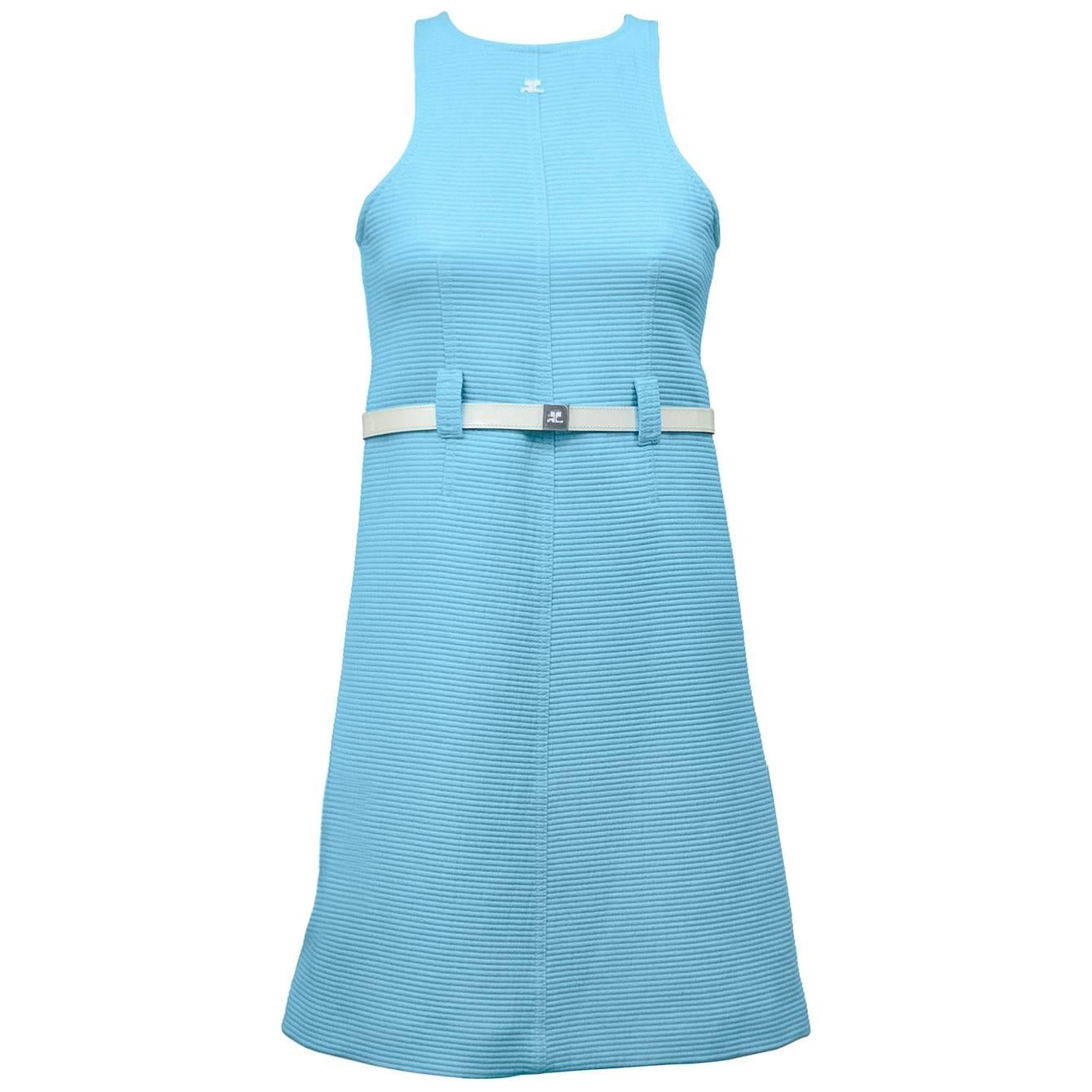 1960s Courreges Baby Blue Cotton Ribbed Day Dress with White Belt 