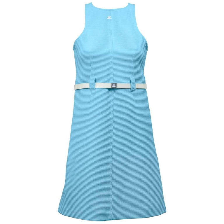 1960s Courreges Baby Blue Cotton Ribbed Day Dress with White Belt at