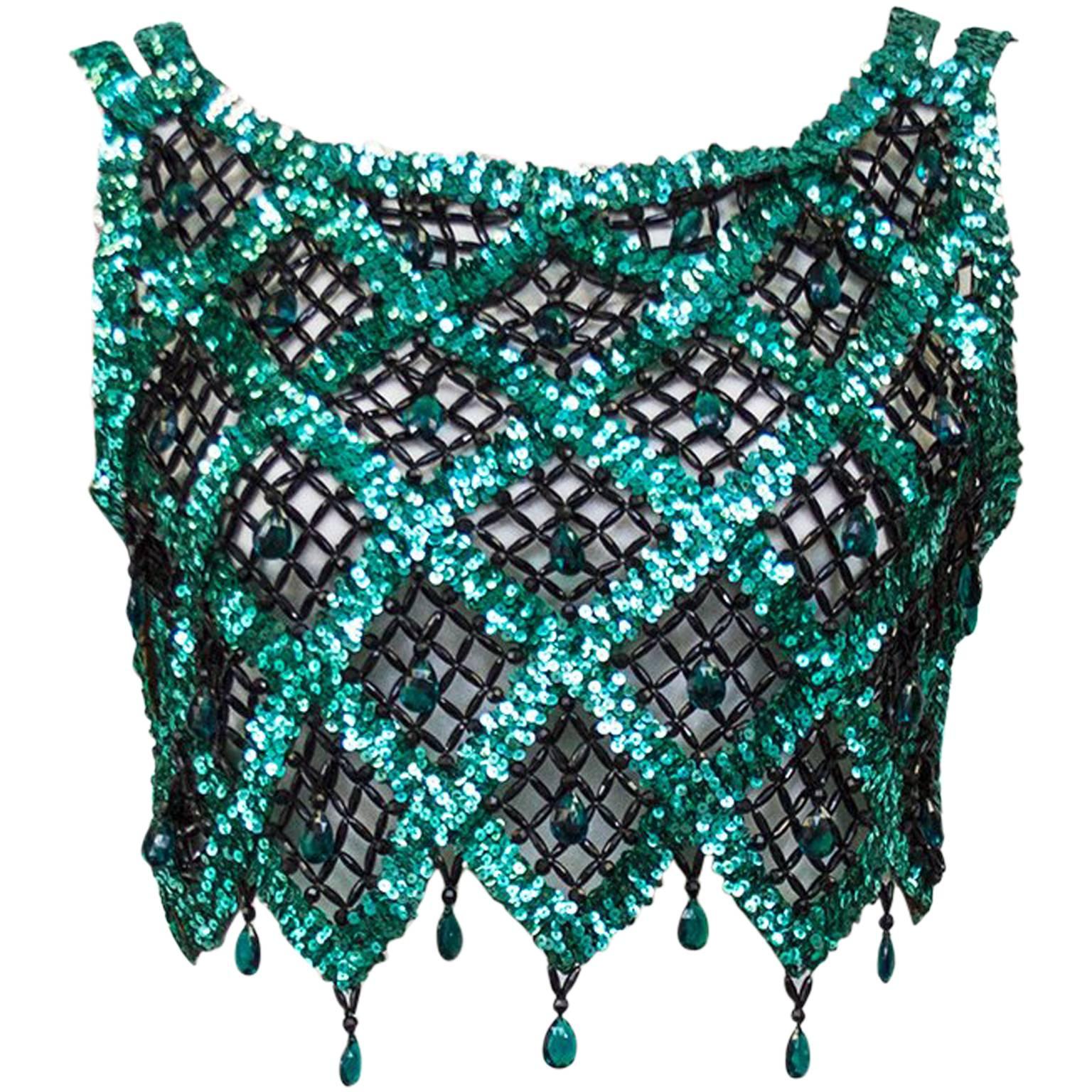 1960s Teal and Black Sequin and Beaded Crop Top
