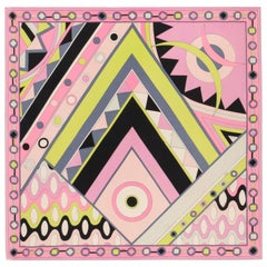 EMILIO PUCCI c.1970's "Vivara" Signature Print Pink Multicolor Op Art Silk Scarf