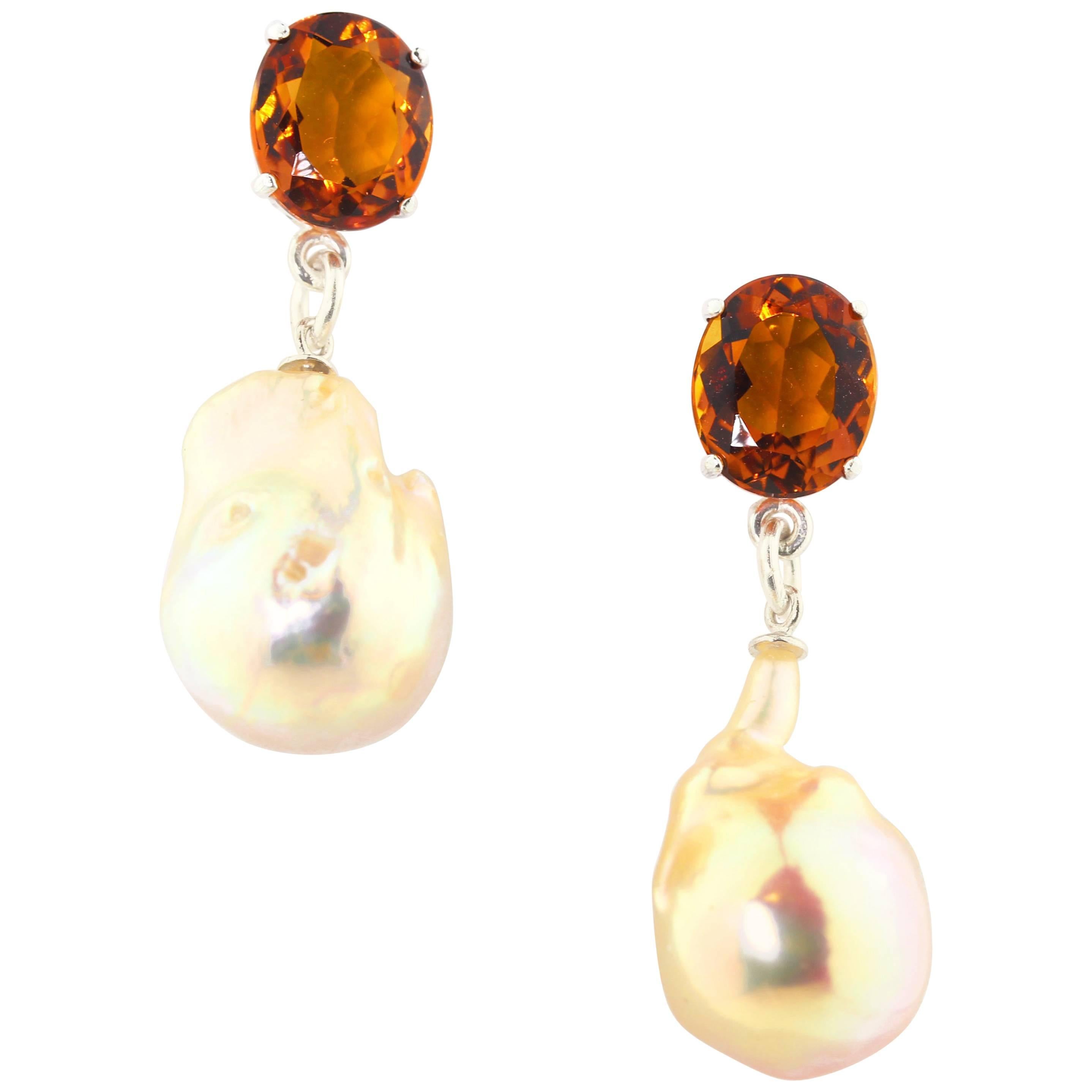 Gemjunky Superbly Elegant 6 Cts Citrines & Drop Baroque Pearl Silver Earrings