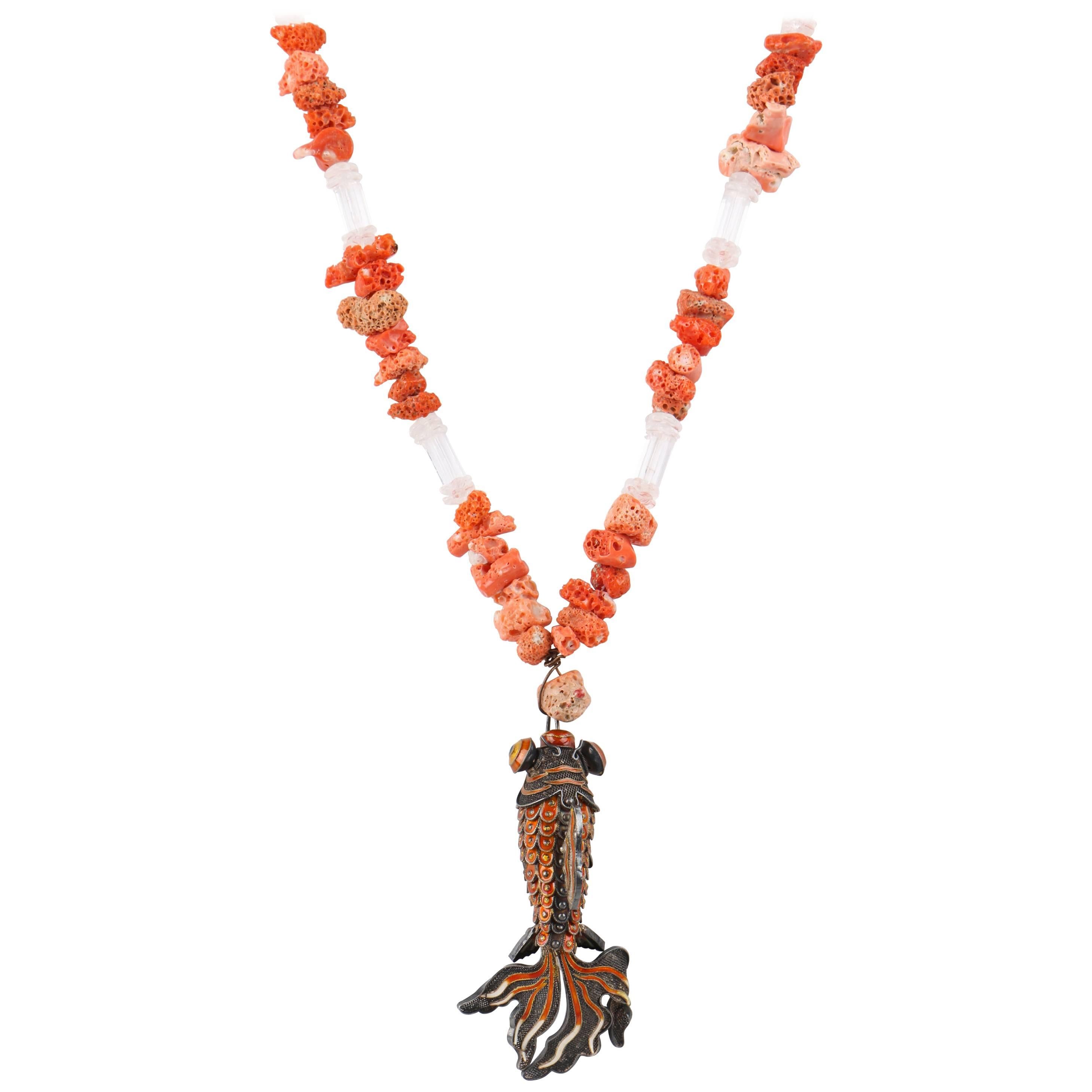 Vintage Raw Coral & Bead Articulated Cloisonne Enamel Koi Fish Pendant Necklace For Sale