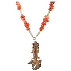 Vintage Raw Coral & Jade Articulated Cloisonne Enamel Koi Fish Pendant Necklace