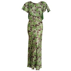 1930's Floral Garden Print Green Brown Deco Satin Belted Bias-Cut Capelet Gown 