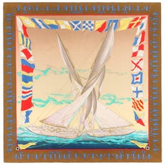 HERMES c.1989 Yannick Manier "En Course" Nautical Sailing Race Print Silk Scarf