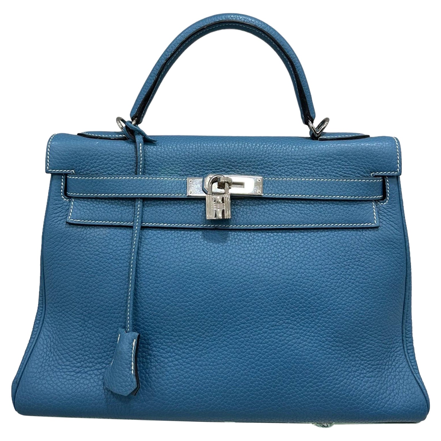 Hermès Kelly Bag 32 Clemence Leather Blue Izmir Top Handle Bag