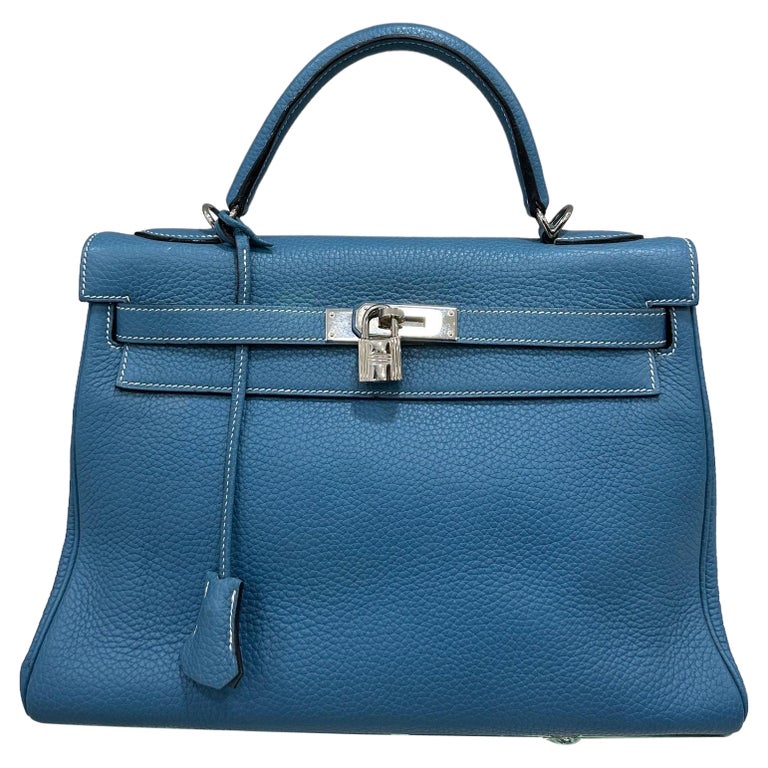 Hermès Kelly Bag 32 Clemence Leather Blue Izmir Top Handle Bag For Sale ...