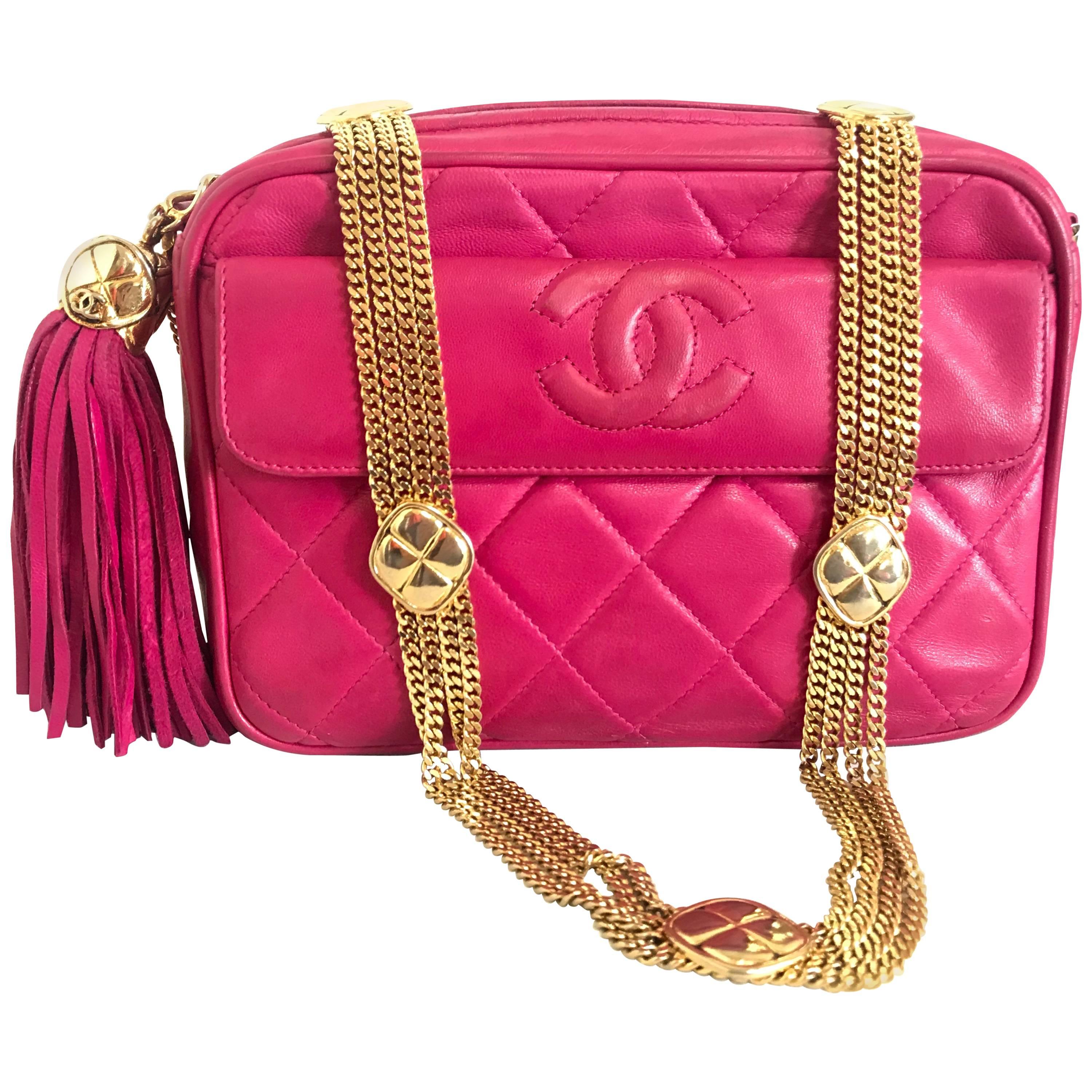 Chanel CC pink leather camera bag style Vintage shoulder bag with tassel  For Sale